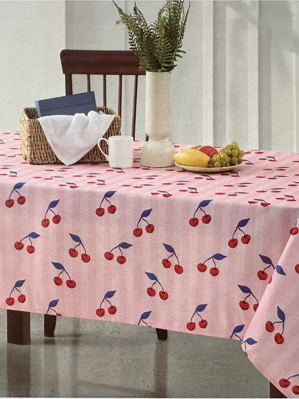 Pink Cherry Print Tablecloth - Charming Home Dining Linen